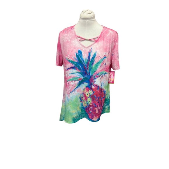 Leoma Lovegrove Pink Pineapple Print V-Neck Short Sleeve Top L Polyester/Spandex - Picture 1 of 8